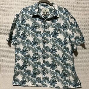 Island Shores Shirt Mens M‎ Blue Hawaiian Linen Palm Leaf Button Up Beach Casual